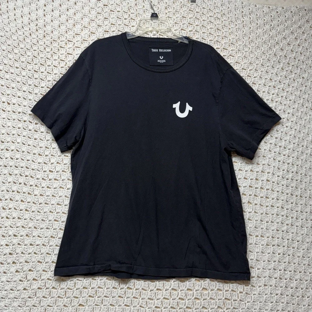 True Religion T-Shirt Mens 2XL Black Cotton White Graphic Short Sleeve Crew Neck